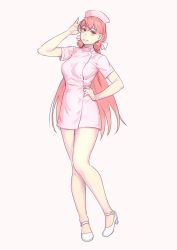 Rule 34 | 1girl, akashi (kancolle), alternate costume, arm up, bare legs, blush, breasts, closed mouth, commentary request, full body, green eyes, hair ribbon, hand on own hip, hat, high heels, highres, kantai collection, large breasts, long hair, looking at viewer, nurse, nurse cap, pink hair, ribbon, short sleeves, simple background, smile, solo, tress ribbon, very long hair, white background, yuuji (and)