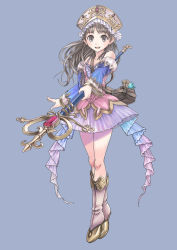 Rule 34 | 1girl, absurdres, atelier (series), atelier totori, blue background, boots, brown eyes, brown hair, detached sleeves, female focus, fin and rudder, full body, hat, highres, knee boots, long hair, pink footwear, ribbon, simple background, skirt, smile, solo, standing, totooria helmold, wand