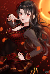Rule 34 | 1girl, black hair, black sleeves, blush, breasts, cleavage, collarbone, finger to mouth, flower, hand on own hip, highres, idolmaster, idolmaster million live!, izuminnu, jewelry, lipstick, long hair, looking at viewer, makeup, medium breasts, petals, polka dot vest, red eyes, red flower, red lips, red rose, red skirt, red vest, ring, rose, skirt, solo, takayama sayoko, vest