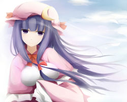 Rule 34 | 1girl, breasts, cloud, crescent, expressionless, female focus, finhi, floating hair, hat, large breasts, long hair, patchouli knowledge, purple eyes, purple hair, sky, solo, touhou, wind
