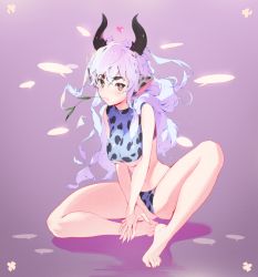 Rule 34 | 1girl, animal ears, bad id, bad pixiv id, barefoot, between legs, blue hair, blush, breasts, bright pupils, brown eyes, eyebrows, feet, full body, hand between legs, hands on feet, horns, hxxg, indian style, legs, long hair, looking at viewer, medium breasts, mouth hold, navel, panties, purple background, sitting, solo, speech bubble, spread legs, the god of high school, thick eyebrows, thighs, toes, uma (the god of high school), underboob, underwear, v arms, wavy hair, white pupils