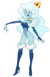 Rule 34 | 1girl, absurdres, adventure time, blue footwear, blue skin, boots, breasts, choker, cleavage, colored skin, crown, fur-trimmed boots, fur trim, high heel boots, high heels, highres, ice queen (adventure time), knee boots, leotard, long hair, thighs, white hair