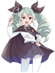 Rule 34 | 1girl, :d, amripo, anchovy (girls und panzer), anzio school uniform, belt, black belt, black cape, black necktie, black ribbon, black skirt, cape, commentary, cowboy shot, cropped legs, dress shirt, drill hair, girls und panzer, green hair, hair ribbon, hand on own hip, holding, long hair, long sleeves, looking at viewer, miniskirt, necktie, one-hour drawing challenge, open mouth, pantyhose, pleated skirt, red eyes, ribbon, riding crop, school uniform, shirt, simple background, skirt, smile, solo, sparkle, standing, twin drills, twintails, white background, white pantyhose, white shirt, wing collar