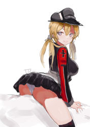 Rule 34 | 1girl, absurdres, artist name, ass, black skirt, blonde hair, breasts, closed mouth, grey eyes, highres, kantai collection, long hair, looking at viewer, medium breasts, panties, pantyshot, prinz eugen (kancolle), rosehip t72, skirt, smile, solo, twintails, underwear, uniform, white background, white panties