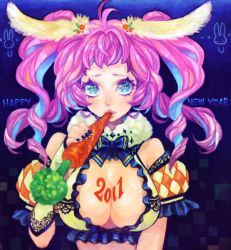 Rule 34 | 10s, 1girl, 2011, acha, ahoge, bare shoulders, blue eyes, blue hair, blush, breasts, carrot, cleavage, large breasts, lips, long hair, matching hair/eyes, multicolored hair, original, pink hair, purple hair, solo, twintails, two-tone hair