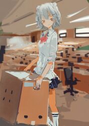 Rule 34 | 1girl, absurdres, blue skirt, blurry, blurry background, carrying, cevio, chair, classroom, closed mouth, collared shirt, commentary request, day, double bun, dress shirt, feet out of frame, flipped hair, grey hair, hair bun, highres, indoors, kabuyama kaigi, kneehighs, koharu rikka, looking at viewer, miniskirt, no jacket, object request, office chair, overexposure, pleated skirt, red eyes, school uniform, shirt, short hair, skirt, smile, socks, solo, standing, swivel chair, synthesizer v, white shirt, white socks, window