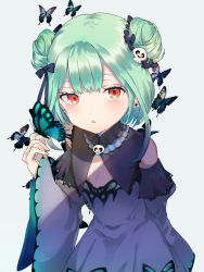 Rule 34 | 1girl, bare shoulders, blue dress, blue sleeves, bug, butterfly, commentary request, detached sleeves, double bun, dress, eyebrows hidden by hair, green hair, grey background, hair bun, hair ornament, hand up, highres, hololive, insect, juliet sleeves, kayanogura, long sleeves, looking at viewer, parted lips, puffy sleeves, red eyes, simple background, skull hair ornament, sleeveless, sleeveless dress, sleeves past wrists, solo, uruha rushia, uruha rushia (1st costume), virtual youtuber, wide sleeves
