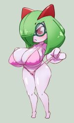 Rule 34 | 1girl, adjusting clothes, adjusting swimsuit, bare legs, bikini, blush, breasts, closed mouth, collarbone, creatures (company), frontal wedgie, full body, game freak, gen 3 pokemon, glasses, green-framed eyewear, green background, green hair, highres, kirlia, large breasts, masked agent, navel, nintendo, pink bikini, pokemon, pokemon (creature), red eyes, shiny skin, short hair, shortstack, simple background, solo, standing, swimsuit, wedgie