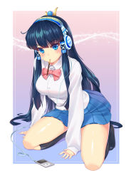 Rule 34 | 1girl, black hair, black socks, blue eyes, blush, breasts, commentary request, digital media player, egyptian, female focus, food, hair tubes, hairband, headdress, headphones, ipod, isis (p&amp;d), kneehighs, large breasts, loneteel, long hair, mouth hold, pocky, pocky kiss, puzzle &amp; dragons, school uniform, shared food, skirt, socks, solo, thighs, very long hair