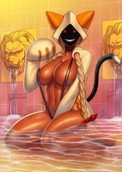 Rule 34 | 1girl, animal ears, arc system works, bath, blazblue, blonde hair, breasts, cat ears, cat tail, collar, dark skin, water drop, ero-chong, fangs, glowing, glowing eyes, highres, hood, hoodie, large breasts, looking at viewer, open clothes, red eyes, revealing clothes, skindentation, slingshot swimsuit, swimsuit, tail, taokaka, water, wet