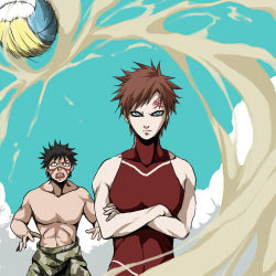 Rule 34 | 2boys, akagi soushi, ball, brothers, facepaint, facial mark, gaara (naruto), kankuro, lowres, male focus, multiple boys, muscular, naruto, naruto (series), playing sports, red hair, sand, scar, siblings, swimsuit, topless male, volleyball, volleyball (object)