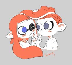 Rule 34 | 1boy, 1girl, banonefans, blue eyes, blush stickers, cheek poking, closed mouth, commentary, dated, grey background, grey eyes, inkling, inkling girl, inkling player character, limited palette, long hair, looking at another, nintendo, octoling, octoling player character, one eye closed, orange hair, pale skin, pointy ears, poking, shirt, short sleeves, simple background, splatoon (series), splatoon 2, symbol-only commentary, symmetry, t-shirt, tentacle hair, white shirt
