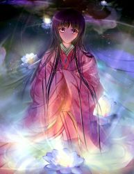 Rule 34 | 1girl, absurdres, black hair, brown eyes, flower, garyljq, highres, hime cut, japanese clothes, kimono, layered clothes, layered kimono, long hair, looking at viewer, nurarihyon no mago, solo, very long hair, water, wet, youhime