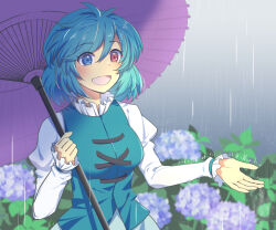 Rule 34 | 1girl, :d, blue eyes, blurry, blurry background, commentary, cross-laced clothes, flower, grey sky, heterochromia, highres, holding, holding umbrella, hydrangea, kogasa day, long sleeves, looking at viewer, nayozane (worker7), open mouth, outdoors, purple umbrella, rain, red eyes, short hair, sky, smile, solo, tatara kogasa, touhou, umbrella, upper body