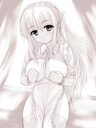 Rule 34 | 1girl, apron, blush, bottomless, breasts, breasts out, covering privates, covering breasts, head tilt, large breasts, long hair, maid, maid apron, monochrome, open clothes, open shirt, pink theme, shirt, solo, thighhighs, uni8
