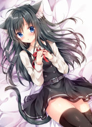 Rule 34 | 10s, 1girl, animal ears, asashio (kancolle), black hair, black thighhighs, blue eyes, blush, cat ears, cat tail, commentary request, dress, kantai collection, kemonomimi mode, long hair, long sleeves, looking at viewer, lying, nogi takayoshi, on back, pinafore dress, shirt, sleeveless, sleeveless dress, solo, tail, thighhighs, white shirt