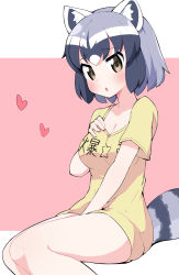 Rule 34 | 1girl, :o, alternate costume, animal ear fluff, animal ears, bad id, bad pixiv id, bare legs, between legs, black hair, blush, brown eyes, clothes writing, common raccoon (kemono friends), grey hair, hand between legs, hand on own chest, heart, highres, kemono friends, looking at viewer, multicolored hair, raccoon ears, raccoon girl, raccoon tail, shirt, short hair, short sleeves, simple background, sitting, solo, striped tail, t-shirt, tail, takom, translation request, white hair, yellow shirt