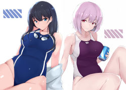 Rule 34 | 2girls, absurdres, bare shoulders, black hair, blue eyes, blue one-piece swimsuit, blush, breasts, can, closed mouth, collarbone, competition swimsuit, covered navel, drink can, goggles, goggles around neck, gridman universe, hair between eyes, highres, indoors, jacket, large breasts, leaning back, light purple hair, long hair, looking at viewer, maruyaa (malya1006), medium breasts, multiple girls, off shoulder, one-piece swimsuit, open clothes, open jacket, parted lips, pool, poolside, purple one-piece swimsuit, red eyes, shinjou akane, short hair, sidelocks, sitting, smile, soda can, ssss.gridman, swimsuit, swimsuit under clothes, takarada rikka, thighs, water, white jacket