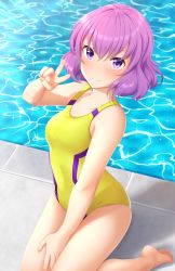 Rule 34 | 1girl, absurdres, commentary, competition swimsuit, english commentary, full body, highres, kawai hanabi, keijo!!!!!!!!, kneeling, looking at viewer, one-piece swimsuit, pool, poolside, purple eyes, purple hair, short hair, solo, swimsuit, tiri, v, water, wavy hair, yellow one-piece swimsuit