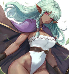 1girl aqua_hair artist_name belt black_cape braid breasts brown_belt cape capelet cleavage commentary covered_navel dark-skinned_female dark_elf dark_skin elf english_commentary floating_hair gold_trim grey_background highleg highleg_leotard leonmandala leotard lips long_hair looking_at_viewer medium_breasts parted_lips pink_eyes pink_lips pointy_ears purple_capelet rosalinde_(unicorn_overlord) simple_background solo strapless strapless_leotard thighs twin_braids unicorn_overlord white_leotard