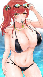 Rule 34 | azur lane, bikini, black bikini, breasts, goggles, goggles on head, highres, holding, holding whistle, huge breasts, long hair, looking at viewer, multi-strapped bikini, multiple straps, o-ring, o-ring bikini, official alternate costume, red hair, satsuka (258), side ponytail, skindentation, solo, swimsuit, water, wet, whistle, yellow eyes, zara (azur lane), zara (poolside coincidence) (azur lane)