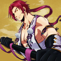 Rule 34 | 10s, 1boy, holding, holding weapon, japanese clothes, light smile, long sideburns, looking at viewer, male focus, muscular, nipples, personification, pink hair, pom pom (clothes), ponytail, ribbon, shima deadstock, smile, solo, tonbokiri (touken ranbu), touken ranbu, upper body, weapon