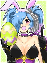 Rule 34 | 1girl, alternate costume, animal ears, black gloves, blue hair, breasts, rabbit ears, choker, cleavage, easter egg, egg, fake animal ears, fang, fire emblem, fire emblem fates, fire emblem heroes, frilled choker, frills, gloves, gradient hair, hair over one eye, holding, index finger raised, multicolored hair, nintendo, open mouth, peri (fire emblem), pink hair, red eyes, solo, twintails, twitter username, upper body, yukia (firstaid0)