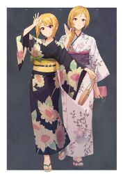 Rule 34 | 2girls, ahoge, alternate hairstyle, arm up, bag, black kimono, blonde hair, blush, bow, braid, breasts, brown eyes, closed mouth, collarbone, dot nose, floral print, full body, green bow, grey background, grey footwear, hair between eyes, hair over shoulder, hair tie, hand up, highres, holding, holding bag, ibuki tsubasa, idolmaster, idolmaster million live!, idolmaster million live! theater days, japanese clothes, kimono, large breasts, long hair, long sleeves, looking at viewer, momose rio, multiple girls, obi, obiage, obijime, official alternate hairstyle, open hand, parted lips, pink eyes, purple bow, purple footwear, sandals, sash, short hair, simple background, smile, sunflower print, toenails, toes, waist bow, wide sleeves, yellow bow, yoshito, yukata, zouri
