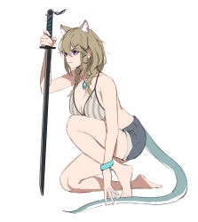 Rule 34 | 1girl, animal ears, arknights, bare legs, barefoot, bikini, blue shorts, braid, breasts, cleavage, commentary, full body, grey bikini, grin, hair between eyes, hair ornament, hairclip, highres, holding, holding sword, holding weapon, jason kim, jewelry, katana, kneeling, large breasts, light brown hair, medium hair, necklace, official alternate costume, on one knee, pendant, purple eyes, short shorts, shorts, simple background, slit pupils, smile, solo, striped bikini, striped clothes, swimsuit, sword, tail, twin braids, utage (arknights), utage (summer flowers) (arknights), vertical-striped bikini, vertical-striped clothes, weapon, white background, wristband, x hair ornament