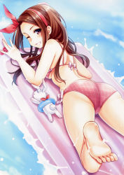 Rule 34 | 1girl, ;d, absurdres, ass, barefoot, bikini, breasts, brown hair, courreges ace, feet, frilled bikini, frills, grin, highres, idolmaster, idolmaster (classic), inflatable raft, innertube, looking at viewer, looking back, lying, minase iori, on stomach, one eye closed, open mouth, pink bikini, pink eyes, scan, sideboob, smile, soles, solo, stuffed animal, stuffed rabbit, stuffed toy, swim ring, swimsuit, toes, trefoil, v