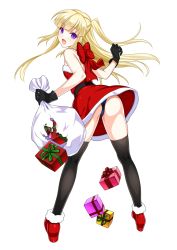 Rule 34 | 1girl, ass, black gloves, black thighhighs, blonde hair, cle masahiro, full body, gift, gloves, henrietta baldini, highres, holding, long hair, looking at viewer, looking back, official art, open mouth, panties, purple eyes, sack, santa costume, simple background, solo, spilling, thighhighs, two side up, underwear, upskirt, valkyrie drive, valkyrie drive -siren-, white background