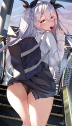 Rule 34 | 1girl, absurdres, ass, azur lane, bag, black panties, black ribbon, blush, breasts, candy, clothes around waist, commentary request, eating, escalator, food, from behind, hair ribbon, highres, holding, holding food, large breasts, lollipop, long hair, long sleeves, looking at viewer, looking back, multicolored hair, outdoors, panties, prinz eugen (azur lane), red hair, ribbon, school bag, school uniform, shirt, signature, silver hair, solo, streaked hair, thighs, two-tone hair, two side up, u ronnta, underwear, very long hair, white shirt, yellow eyes