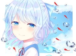Rule 34 | 1girl, aqua bow, aqua hair, bad id, bad twitter id, blue eyes, blue sky, blue vest, blush, bow, cirno, closed mouth, cloud, cloudy sky, collared shirt, commentary request, day, eyelashes, eyes visible through hair, hair bow, hairband, ice, ice wings, koi, light blush, lips, looking at viewer, looking to the side, neck ribbon, nibosi, portrait, red ribbon, ribbon, shirt, short hair, sky, smile, solo, sparkle, swept bangs, touhou, two-tone hairband, vest, water drop, white background, white shirt, wings