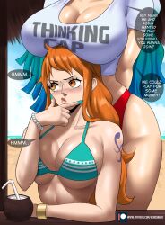 Rule 34 | 2girls, absurdres, beach, bikini, bikini bottom only, bikini top only, bracelet, breast rest, breasts, breasts on head, clothes writing, coconut, echo saber, english text, fingernails, highres, jewelry, large breasts, lips, multiple girls, nail polish, nami (one piece), one piece, orange eyes, orange hair, sand, shiny skin, shirt, stomach, swimsuit, thighs, yamato (one piece)