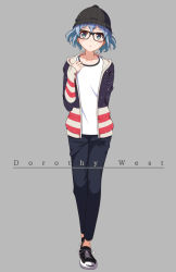 Rule 34 | 1girl, bad id, bad pixiv id, beanie, bespectacled, blue eyes, blue hair, casual, character name, dorothy west, glasses, hand on own chest, hat, highres, hood, hoodie, looking at viewer, matching hair/eyes, open clothes, open hoodie, pants, pretty series, print headwear, pripara, qkei, shirt, shoes, short hair, simple background, solo, starry sky print, striped clothes, striped hoodie, white shirt