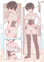 Rule 34 | 1girl, absurdres, bed, black eyes, black footwear, black hair, boots, corset, female focus, from side, full body, hands on own hips, highres, lantern, looking at viewer, midriff, off shoulder, original, panties, panty pull, short hair, solo, thigh boots, thighhighs, tomboy, underwear, white panties, yoro4545