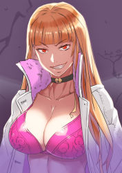 Rule 34 | 1girl, black choker, blunt bangs, bra, breasts, choker, cleavage, clenched teeth, collarbone, commentary request, evil grin, evil smile, female focus, grey background, grin, half-closed eyes, hamushima, jacket, jewelry, large breasts, light brown hair, long hair, long sleeves, looking at viewer, magical grim, naughty face, neck, necklace, open clothes, open jacket, original, pink bra, red eyes, sharp teeth, smile, solo, teeth, underwear, upper body, v-shaped eyebrows, white jacket