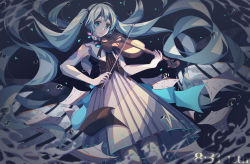 Rule 34 | 1girl, absurdly long hair, absurdres, aqua eyes, aqua hair, bare shoulders, black shirt, bow (music), bubble, collar, commentary, dated, elbow gloves, feet out of frame, gloves, hatsune miku, highres, holding, holding instrument, holding violin, instrument, long hair, long skirt, looking at viewer, miku symphony (vocaloid), music, neon trim, paper, playing instrument, pleated skirt, qizhongji, shirt, skirt, solo, standing, thighhighs, twintails, very long hair, violin, vocaloid, white collar, white gloves, white skirt, white thighhighs