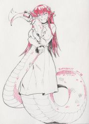 Rule 34 | 1girl, blush, breasts, closed eyes, closed mouth, commentary, cowfee, dated, dress, ear wiggle, facing viewer, hair between eyes, highres, hug, hugging own tail, hugging tail, inktober, lamia, large breasts, long hair, long sleeves, miia (monster musume), monochrome, monster girl, monster musume no iru nichijou, pointy ears, red theme, scales, scan, smile, solo, tail, traditional media