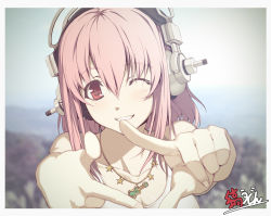 Rule 34 | 1girl, finger frame, headphones, long hair, looking at viewer, nitroplus, one eye closed, pink eyes, pink hair, shima udon, smile, solo, super sonico, wink