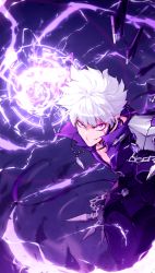 Rule 34 | 1boy, absurdres, add (elsword), bad id, bad pixiv id, black pants, clenched hand, crazy eyes, elsword, energy, facial mark, grin, highres, hwansang, jewelry, lunatic psyker (elsword), male focus, necklace, pants, purple eyes, purple shirt, shirt, smile, solo, tattoo, white hair