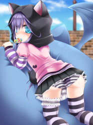 Rule 34 | 1girl, animal ears, animal hood, ass, bastet lore, blue eyes, brick wall, candy, cat ears, character request, emil chronicle online, food, from behind, highres, hood, licking, lollipop, long hair, looking at viewer, looking back, lying, miniskirt, on stomach, panties, pantyshot, purple hair, shimo (depthbomb), skirt, solo, striped clothes, striped panties, striped sleeves, striped thighhighs, swirl lollipop, thigh strap, thighhighs, tongue, tongue out, underwear, upskirt, wings