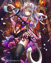 Rule 34 | 1girl, ;o, absurdres, anatamouta, animal ears, black thighhighs, blush, breasts, cat ears, cat tail, detached sleeves, grey hair, highres, jewelry, lampion, lantern, looking at viewer, lots of jewelry, medium breasts, one eye closed, outdoors, parted lips, standing, tail, thighhighs, thousand emperors, tsurime, whip, yellow eyes, zettai ryouiki