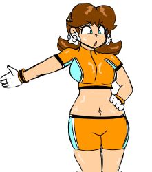 Rule 34 | 1girl, artist request, blue eyes, breasts, brown hair, gloves, hand on own hip, highres, large breasts, legs, mario (series), midriff, navel, nintendo, open mouth, princess, princess daisy, short hair, shorts, source request, super mario strikers, thighs