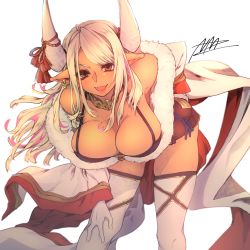 Rule 34 | 1girl, bad id, bad pixiv id, bare shoulders, bent over, blonde hair, breasts, brown eyes, cleavage, dark-skinned female, dark skin, draph, earrings, fangs, fur-trimmed jacket, fur trim, gloves, granblue fantasy, highres, horns, jacket, jewelry, kumbhira (granblue fantasy), large breasts, long hair, looking at viewer, necklace, nmz (namazu), open mouth, pointy ears, signature, solo, thighhighs, white gloves, white thighhighs
