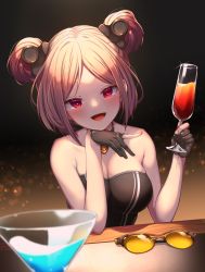 Rule 34 | 1girl, :d, bare arms, bare shoulders, black dress, black gloves, blurry, blurry foreground, blush, breasts, brown-tinted eyewear, cleavage, commentary request, cup, depth of field, double bun, dress, drinking glass, eyebrows hidden by hair, unworn eyewear, girls&#039; frontline, glint, gloves, hair bun, hair ornament, highres, holding, holding cup, looking at viewer, medium breasts, open mouth, p90 (girls&#039; frontline), parted bangs, partially fingerless gloves, red eyes, short hair, smile, solo, strapless, strapless dress, sunglasses, tinted eyewear, upper body, yaosera