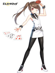 Rule 34 | 1girl, ;), alternate hair color, ankle boots, arm up, bare arms, bare shoulders, belt, black bow, black footwear, black pantyhose, black shirt, boots, bow, breasts, bright pupils, brown hair, card, closers, collared shirt, copyright name, croupier, dress shirt, floating card, fold-over boots, footwear bow, full body, grey wrist cuffs, hair ornament, hairclip, hand up, high heels, highres, holding, holding card, legs apart, logo, long hair, looking at viewer, miniskirt, necktie, official art, one eye closed, outstretched arm, pantyhose, pencil skirt, playing card, ponytail, red eyes, seth (closers), seven of clubs, seven of diamonds, seven of hearts, shirt, sidelocks, skirt, sleeveless, sleeveless shirt, small breasts, smile, solo, standing, swept bangs, tachi-e, throwing, two-tone footwear, vest, waistcoat, white background, white belt, white bow, white footwear, white necktie, white pupils, white skirt, white vest, wrist bow, wrist cuffs