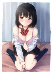 Rule 34 | 1girl, bare shoulders, bed, bed sheet, black hair, black skirt, black socks, blush, border, bow, bowtie, bra, breasts, brown eyes, camisole, cleavage, closed mouth, clothes pull, collarbone, collared shirt, commentary, curtains, dress shirt, fingernails, highres, indoors, infirmary, kneehighs, long sleeves, looking at viewer, medium breasts, medium hair, miniskirt, nail polish, on bed, open clothes, open shirt, original, pink camisole, pink nails, pleated skirt, red bow, red bowtie, school uniform, shirt, shit pull, sitting, skirt, socks, solo, striped bow, striped bowtie, striped clothes, striped neckwear, unasaka ryou, underwear, wariza, white border, white bra, white shirt, wing collar