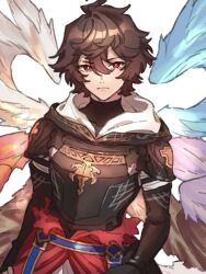 Rule 34 | 1boy, ahoge, armor, belt, bishounen, blue wings, breastplate, brown hair, brown wings, cape, chickenuma 0, commentary, commentary request, expressionless, feathered wings, granblue fantasy, hair between eyes, highres, hood, hood down, light frown, male focus, purple wings, red cape, red eyes, red wings, sandalphon (granblue fantasy), short hair, turtleneck, white wings, wings