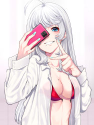 Rule 34 | 1girl, blue eyes, bra, breast tattoo, commentary request, grin, highres, holding, holding phone, long sleeves, looking at viewer, mikan (chipstar182), mole, mole under mouth, nail polish, open bra, original, phone, red bra, shirt, smile, solo, tattoo, underwear, upper body, v, white hair, white nails, white shirt